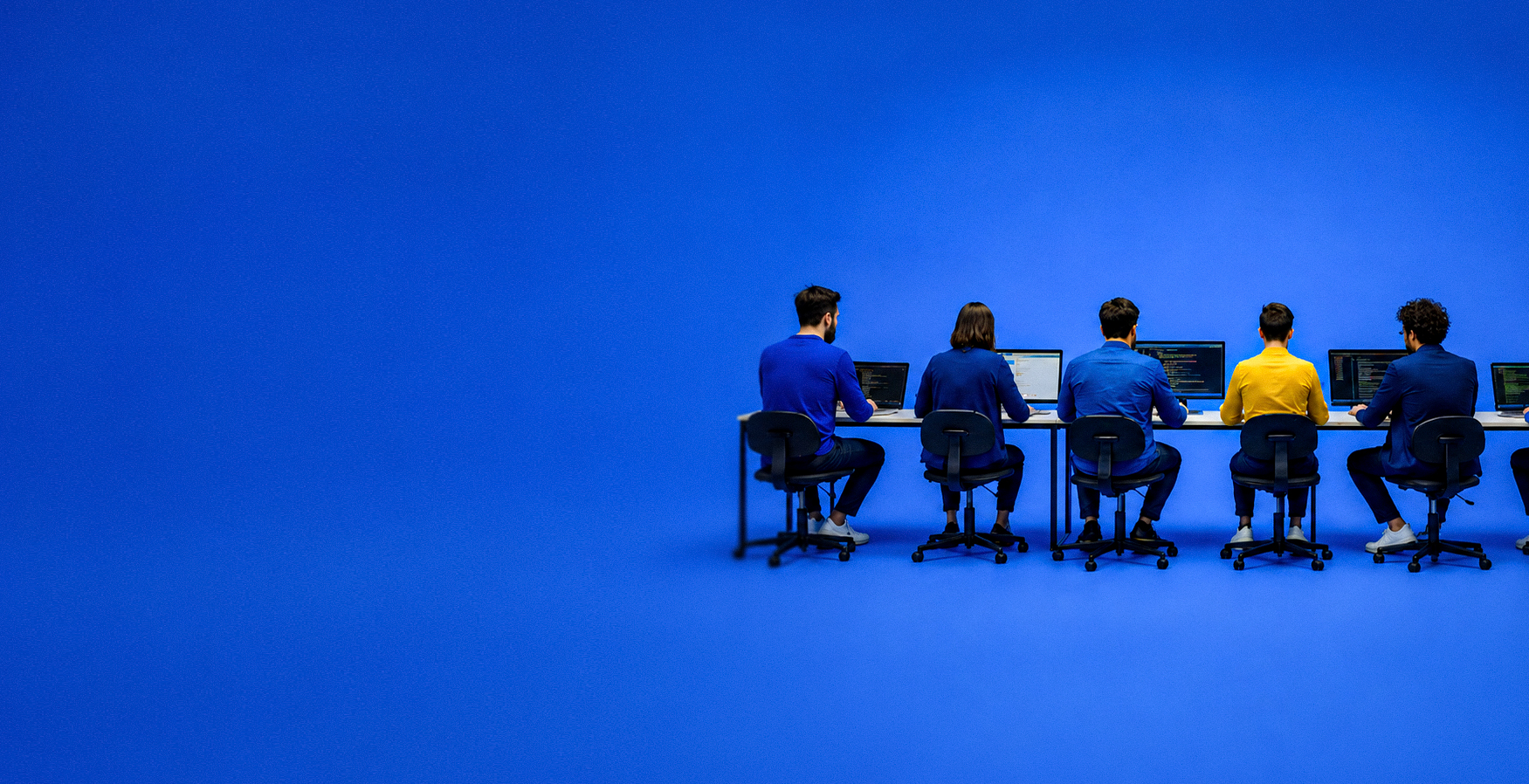 The Blue Code team working at a shared desk on an electric blue set