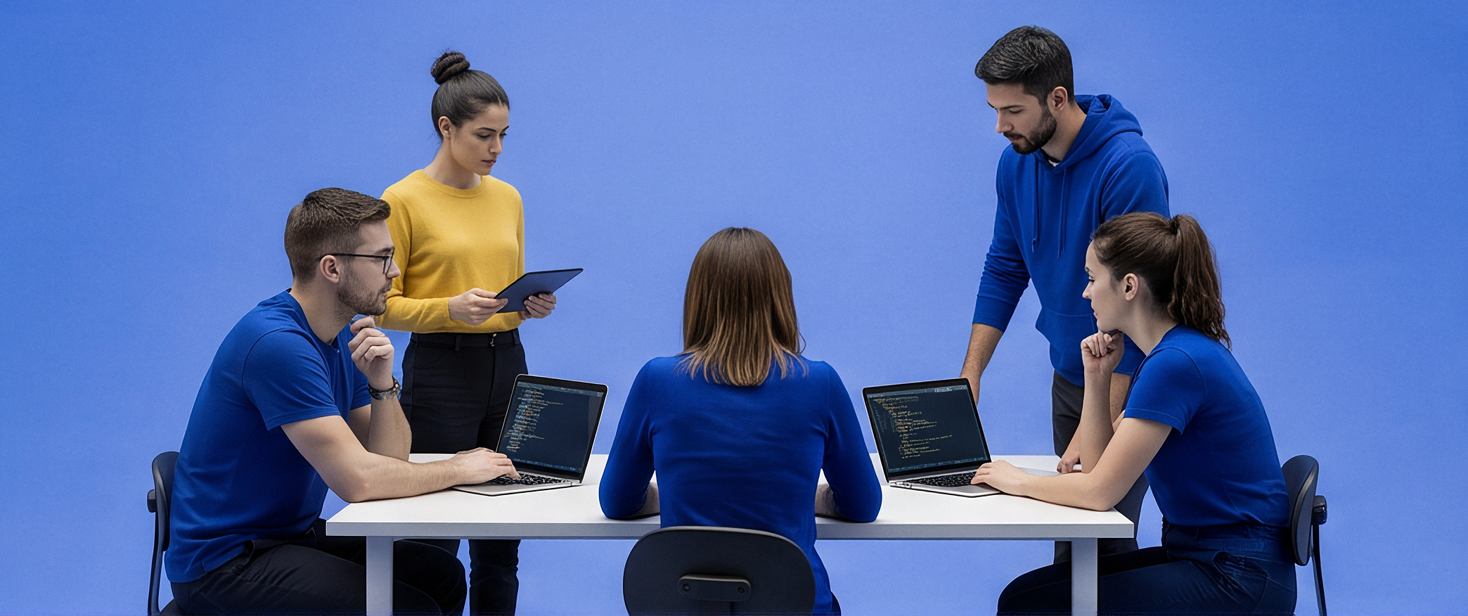 Part of the Blue Code team at the office logo wall in Alicante